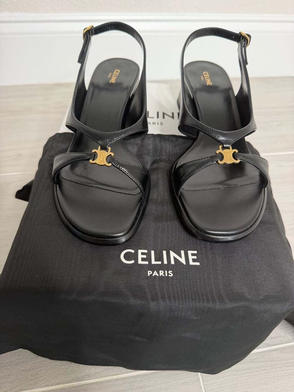 New CELINE Clémence Triomphe Slingback Sandals 40 Black Calfskin Leather
